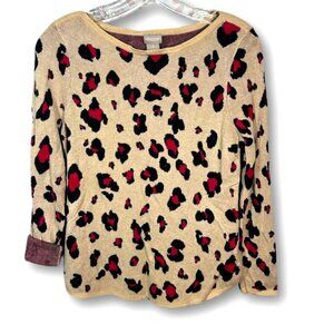 Chico's US Size SP Beige Sweater Pink Cheetah Leopard Print Rayon Boat Neck Prep